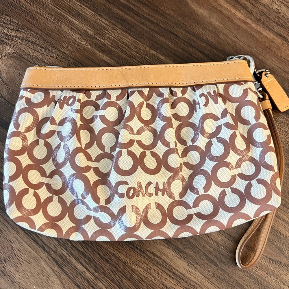 Coach Beige Brown Signature Print Wristlet